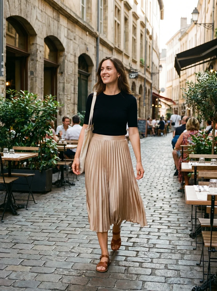 Pleated Satin Midi Skirt